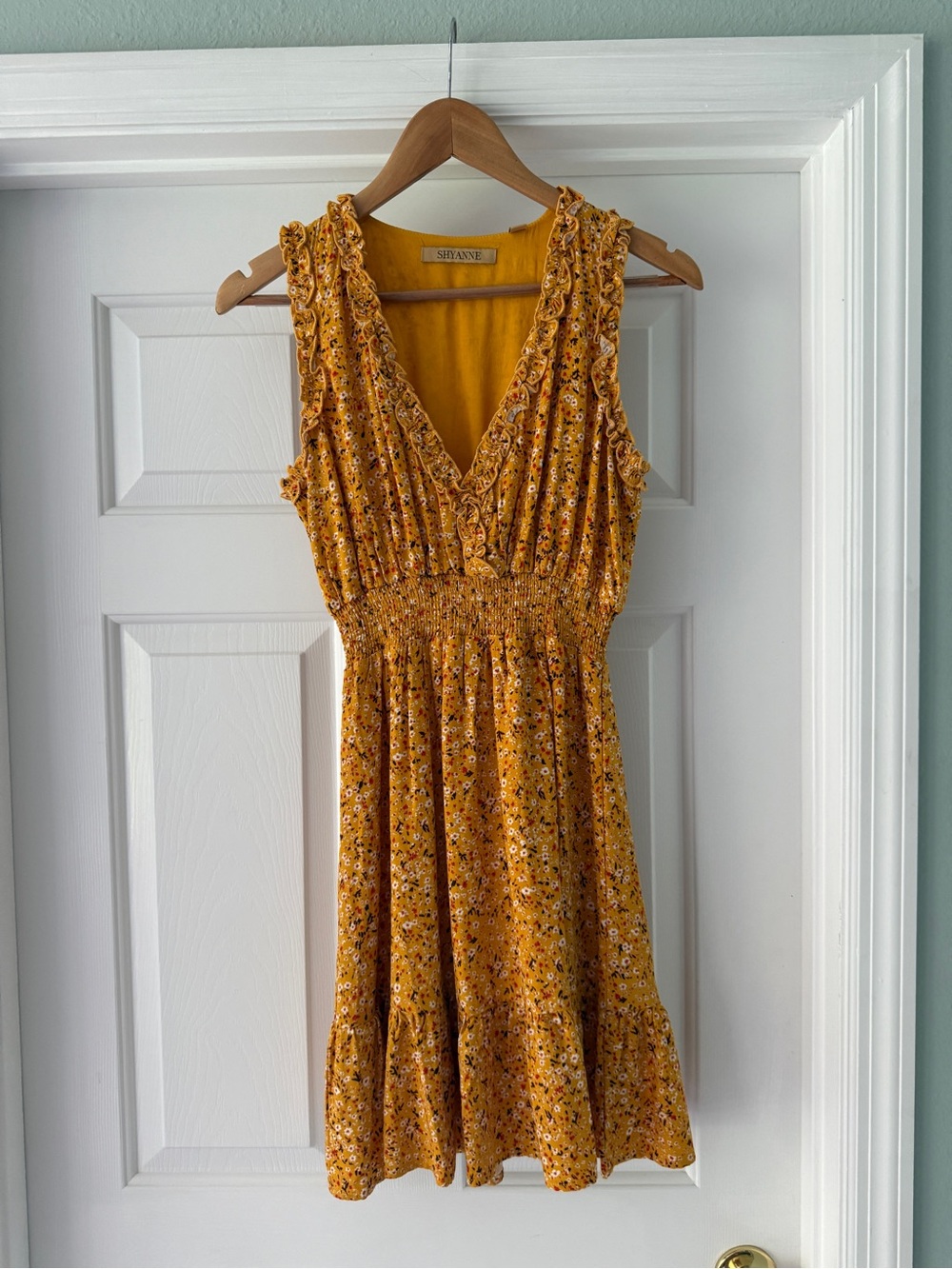 Shyanne Mustard Floral Ruffle V-Neck Mini Dress